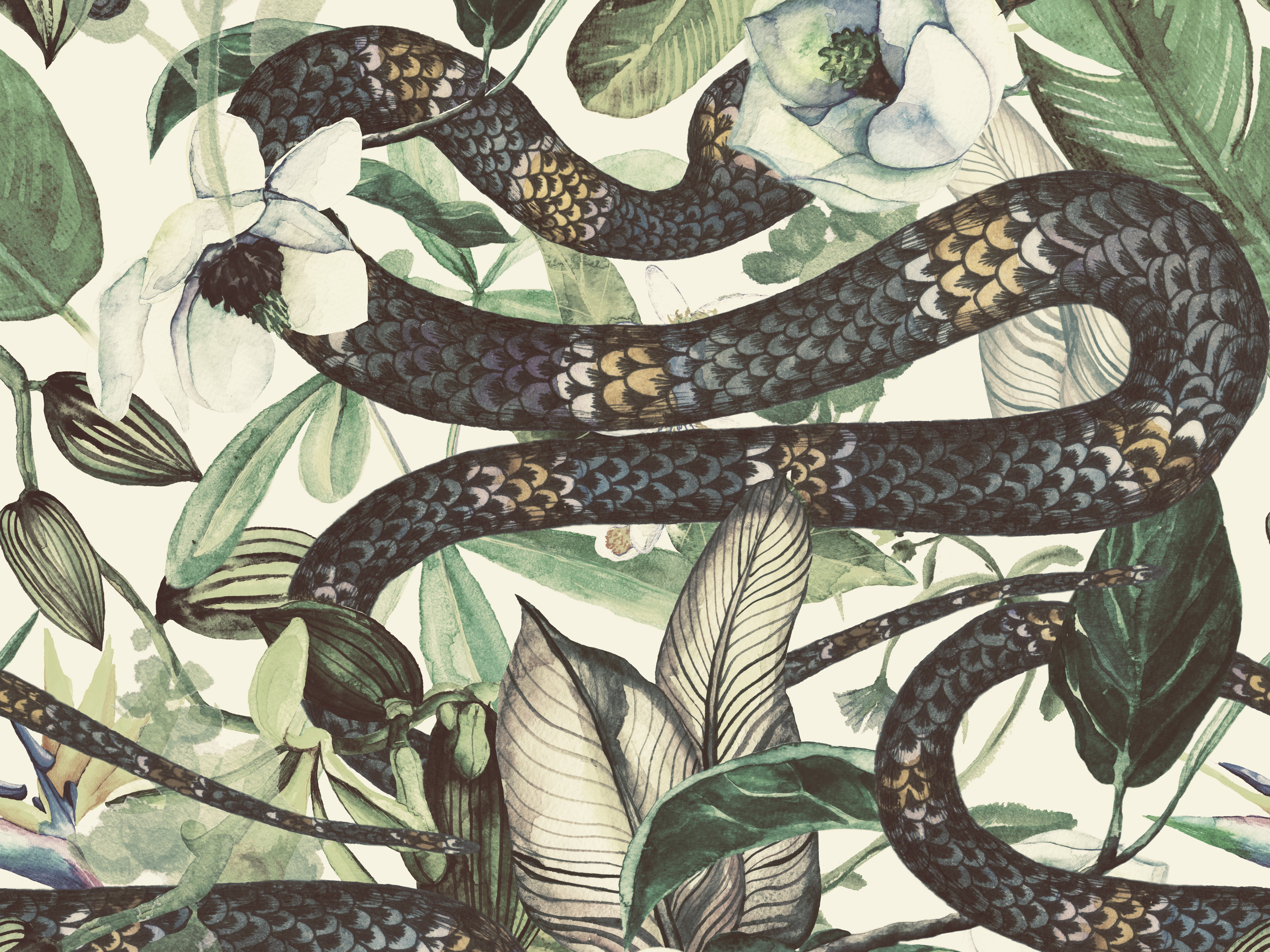 Seamless watercolor pattern with tropical flowers, magnolia, orange flower, vanilla orchid, tropical leaves, banana leaves, snake